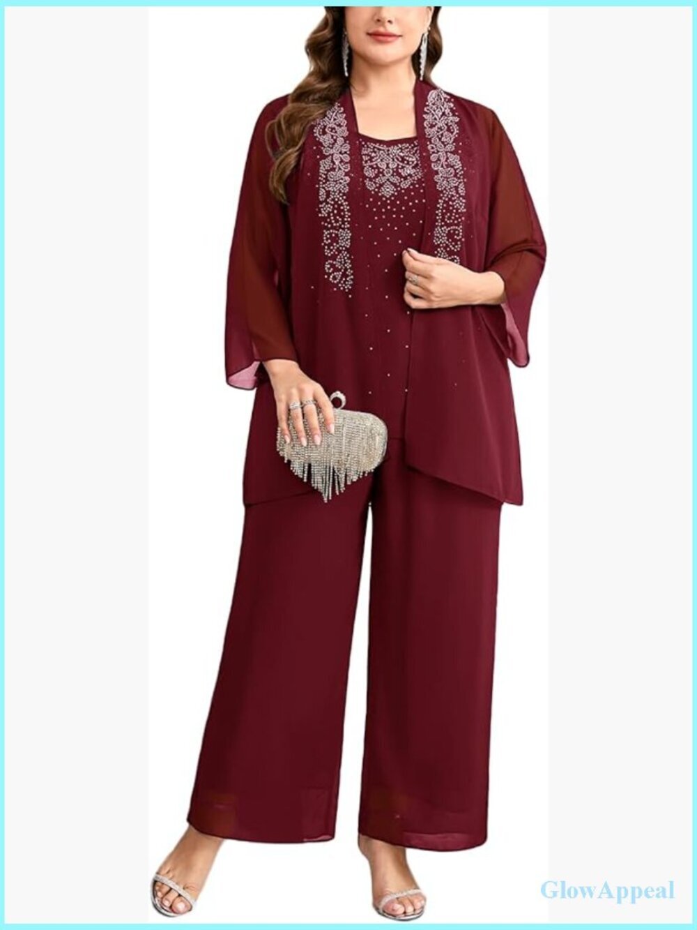 Plus Size Mother of Bride 3 Piece Chiffon Pantsuit Rhinestone Jacket